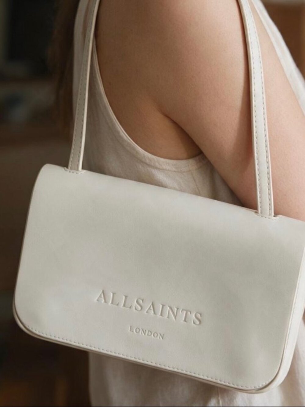 AllSaints Zoe Mini Leather Crossbody Bag "Desert White"